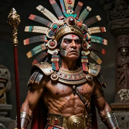 Ares the greek god of war as an Aztec god, Mexican folklore, highly detailed, realistic, Aztec mythology, Greek mythology, brutal depiction, fear, realism, hyper realistic