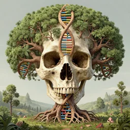 human dna! as rooted tree resembling human skull!, fantasy. precisionism, coherent symmetry, intricate environment by elsie driggs, peter blume, greg rutkowski