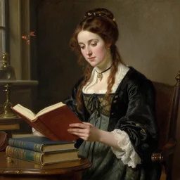 jane austen with books, painting by rossetti bouguereau, detailed art, artstation