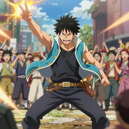 An anime character giving a display of power in the middle of the crowd, hyper-realistic, artstation, Greg rutkowski, cinemátic