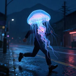 jellyfish running on the street at night after the rain, with the silhouette of distant mountains in the background, cyberpunk style, darek zabrocki, 8 k