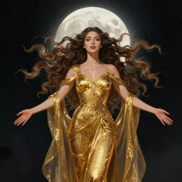a woman, a goddess, in a golden dress, a warrior, behind her the moon. it hangs in the air. hands spread. wavy hair, dark background Renowned character illustration by thomas kindkade, Vincenzo Riccardi, Naranbaatar Ganbold. Trending on artstation