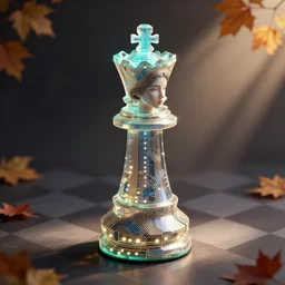 ( isometric view, beautiful woman queen chess piece ( top bioluminescence ) ( bottom parametric ) ), beautiful face, reflection of led lights, algorithmic, intricate detail, futuristic, very detailed, highly detailed background, sharpfocus, photorealism, soft diffuse autumn lights, some sun light ray, dark room wall, canon 5 d 5 0 mm lens