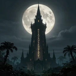 A hyper realistic matte painting of a massive wizard\'s tower silhouetted against a huge moon.  The tower has glowing engraved runes and dark windows an ominous sky an eerie jungle at twilight by michael whelan, keith parkinson, James Gurney and Gregory Crewdson. Subject in view, golden ratio composition, moody volumetric lighting, very wide shot, f11:10, trending on artstation and cgsociety