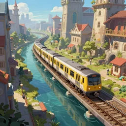 An urban train rides inside of a waterway on a fantasy city. Fantasy and concept art, colorful digital painting, unreal engine.