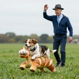 A puppy riding a four-footed garlic bread, as it frolicks across a green field. Joe Biden waves hello, tipping his fedora