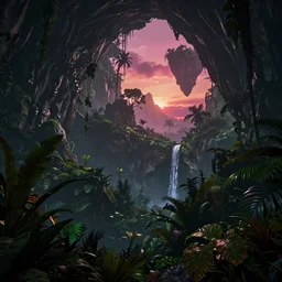 a beautiful render of a dark prehistoric rainforest in a humongous cave, lush flora, patches of magenta sky,, sunset, floating mountains and a waterfall in the background, intricate detail, hazy, humid, volumetric lighting, 8 k, photorealistic, raytracing effects, unreal engine 5