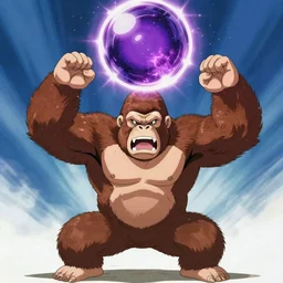 an anime scene of an angry gorilla with hands upraised, charging a large purple white ball of energy above his head, by akira toriyama