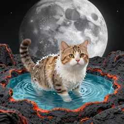 A cat bathing in a pool of lava on the moon, digital art, 4k, detailed