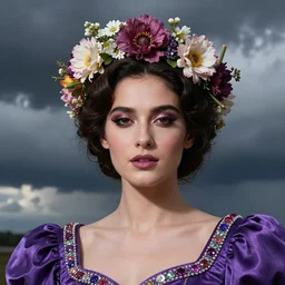 closeup portrait fine art photo of the beauty cher, she has a crown of stunning flowers and dress of purple satin and gemstones, background full of stormy clouds, by peter mohrbacher