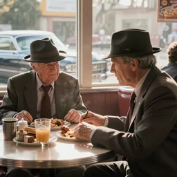 movie scene of two old detectives with fedora hats at breakfast in a diner warm lighting, moody vibe, sunny day, dark knight ( 2 0 0 8 ) set in 1 9 7 2. light haze. cadillac parked outside window. fred herzog