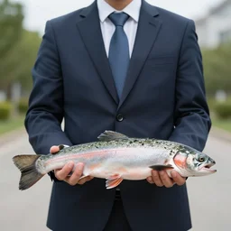 Salmon fish wearing a suit and tie, ready for a meeting, outdoors business portrait, close