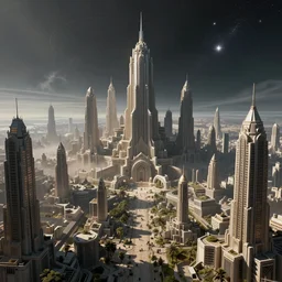 a megalopolis full of archologies extending into space in the style of Ralph McQuarrie/Syd Mead/John Berkey