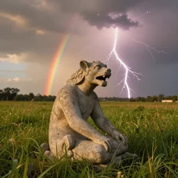 concrete gargoyle!!, sitting in the grass, lighting strikes!!!!, rainbows!!!! in the background, golden hour, 4 k, realistic photograph