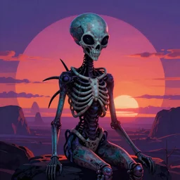 Death's visit to an alien world by Dan Mumford, skull by Josan Gonzalez, sunset by Laurie Greasley, retrowave, vibrant, high contrast