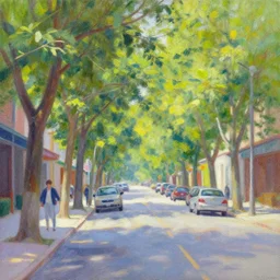 city streets in a summer heatwave, trees, painting by thomas kinkade