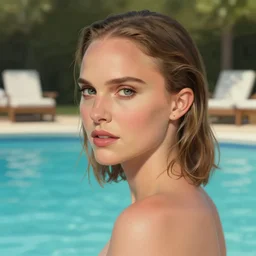 Natalie Portman Next to the pool,digital art,ultra realistic,ultra detailed,art by Jenny Saville