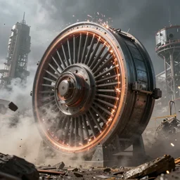 massive awesome spinning electrical generator wheel with electrical sparks spinning fast in an apocalyptic megastructure, octane render, smoke, debris, dust