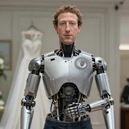 animatronic Mark Zuckerberg, exposed mechanics, wedding photo, Stan Winston studios, detailed, 4k