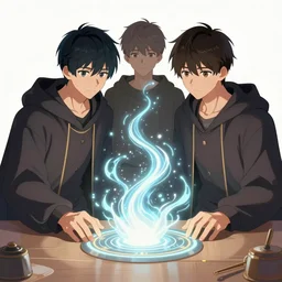 brother mages, they are in front of a desk working on a new spell that is casting out flowing energy, colorful, flowing energy, light rays, medium shot, waist up, sharp, concept art, highly detailed, bloom, dramatic lighting, cinematic, by dreamworks