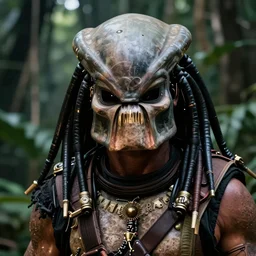 head close up arnold schwarzenegger in predator costume , close up detailed movie still from the predator in the jungle
