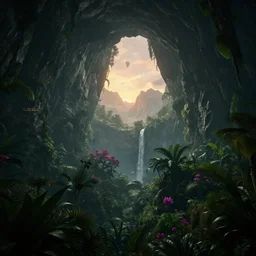 a beautiful render of a dark prehistoric rainforest in a humongous cave, lush flora, patches of sky, magenta flowers, sunset, floating mountains and a waterfall in the background, intricate detail, hazy, humid, volumetric lighting, 8 k, photorealistic, raytracing effects, unreal engine 5