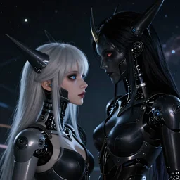 beautiful hyper realistic, moonbow queen, highly detailed, artgerm, artstation, deviantart, black, malicious, dark, extreme closeup three-quarter android portrait, tilt shift LaGrange point orbit background, three point perspective, focus on portrait of two androids; pointé pose; eye contact, kinemacolor, soft lighting