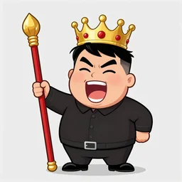 screaming kim jong un holding a staff, wearing crown, cartoon character, digital art, fun,