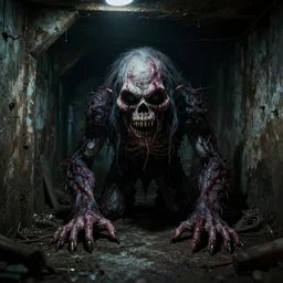 creepy monster lurking in a dingy basement, 4 k, ultra realistic, highly detailed, epic lighting