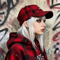highly detailed 3 / 4 profile portrait of an new york sewer punk lady student, eyes, tartan hoody, hat, white hair by atey ghailan, by greg tocchini, by kaethe butcher, by james gilleard, gradient red, black, brown, cream and white color scheme, grunge aesthetic!!! ( ( graffiti tag wall ) )