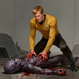Jean Luc Picard violently murdering an alien from Star Trek with his bare hands covered in blood, bludgeoned dead alien on the floor , highly detailed, digital painting, artstation, concept art, smooth, sharp focus, illustration by Artgerm and Greg Rutkowski and Tom Bagshaw