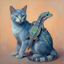 painting of hybrid cat and ( ( ( ( ( gecko ) ) ) ) ) fused together, intercrossed animal, by zdzislaw beksinski, by lewis jones, by mattias adolfsson, cold hue's, warm tone gradient background, concept art, digital painting