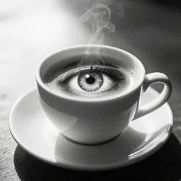 an eye inside a cup of coffee, morning, black and white, sun, calm environment, professional photography, focus, trending on artstation, fantasy, league of legends