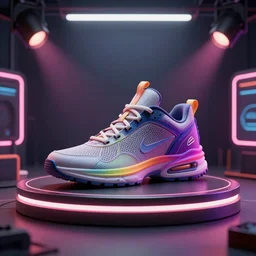 3d render of an cyberpunk sneaker on a showcase, neon, room, spotlight, very coherent symmetrical artwork, cinematic, hyper realism, high detail, octane render, unreal engine, 8k, Vibrant colors, Smooth gradients, High contrast, trending on artstation