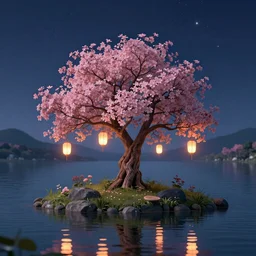 tree on a tiny overgrown island in the middle of a lake, pink flowers, lanterns, night, stars, glowing, 4 k, hd, digital art, octane render, trending on artstation