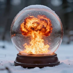 giant firery explosion inside a snow globe, award winning photo, depth of field, mushroom cloud