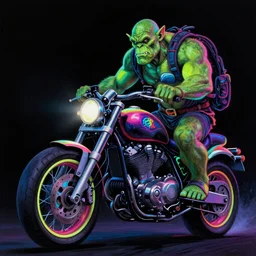 psychedelic blacklight neon airbrush artwork, motorcycle, hyper stylized action shot of an orc popping a wheelie on a motorcycle, menacing orc, clear focused details, soft airbrushed artwork, black background, apocalyptic, cgsociety, artstation, peter lloyd art, peter palombi art