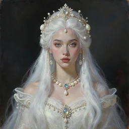 a beautiful painting of jeremy mann, actor liza soberano as a beautiful white haired princess, adorned with ivory jewelry, elegant, ethereal, ominous, dramatic lighting, 8 k