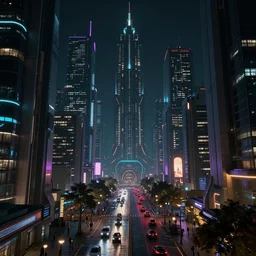 A magnificent dark neon futuristic cyberpunk city bustling street at night made in cinema4d, extreme details, cinematic