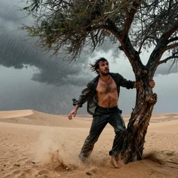 in the desert, abstract illusionism doom by mario testino. a computer art of a man caught in a storm, buffeted by wind & rain. he clings to a tree for support, but the tree is bent by the force of the storm. he is soaking wet. his face is contorted with fear & effort.