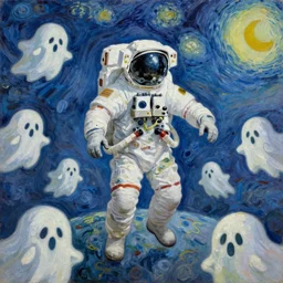 bright beautiful oil painting of astronaut lands on a planet made of silly ghosts, light scatter, van gogh