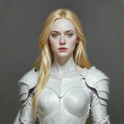 a professional painting of Elle Fanning, clothed in ethereal armor, porcelain white skin, long blonde hair, beautiful bone structure, symmetrical facial features, intricate, elegant, digital painting, concept art, smooth, sharp focus, illustration, from Blade Runner 2049, by Ruan Jia and Mandy Jurgens and Artgerm and William-Adolphe Bouguerea