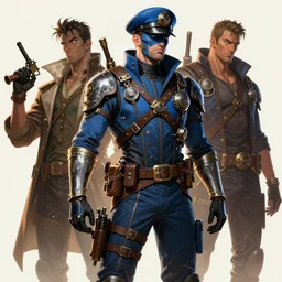 cinematic scene steampunk cop, blue, in the style of artgerm and charlie bowater and atey ghailan and mike mignola, epic lighting, vibrant colors and hard shadows and strong rim light, very coherent, comic cover art, plain background, trending on artstation