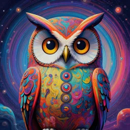 a portrait of a psychedelic cat owl figure by naoto hattori, android jones, miyazaki hayao and chris dyer, deep bold colors, galactic entity, depth of field, intricate beautiful painting, billions of details, octane render, portal, 8 k, detailed vector, trending on artstation, cgisociety, wow!!!!!!