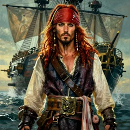 epic fantasy portrait painting of a long haired, red headed male sky - pirate in front of an airship in the style of the matrix