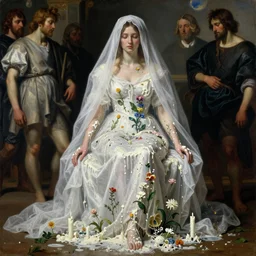 Blind beautiful woman under the white veil wearing a white dress and covered with melted white candle wax, flowers and plants grow on her skin, by Ilya Repin, Mikhail Vrubel, William Blake, Michelangelo da Caravaggio, Rafaelle Monti and Beksinski, dramatic volumetric lighting, full body portrait, highly detailed oil painting, 4k, masterpiece