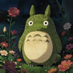 spirit creature with eyes in the flowers at night made by studio ghibli, beautiful scene, detailed, high quality, high details, smooth, 8 k
