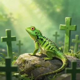a lizard on a stone, there are a lot of green treatment crosses around it, in gentle green dawn light, eyvind earle, studio ghibli painting, cinematic lighting, volumetric lighting, smooth, sharp focus, highly detailed, render in unreal engine 5, artstation, deviantart, behance, trending, epic composition, octane, light rays, award - winning