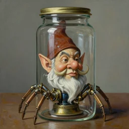 A reanimated  gnome head in a steam punk glass canister with  mechanical spider legs surrealist painting by salvador dali