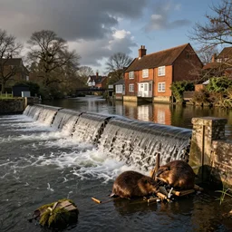 a beaver building a dam on the river stour in canterbury, taken from the high street